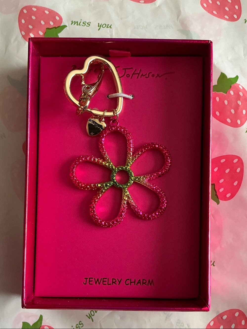 Betsey Johnson Hot Pink and Green Flower Keychain with Gold Heart Clip